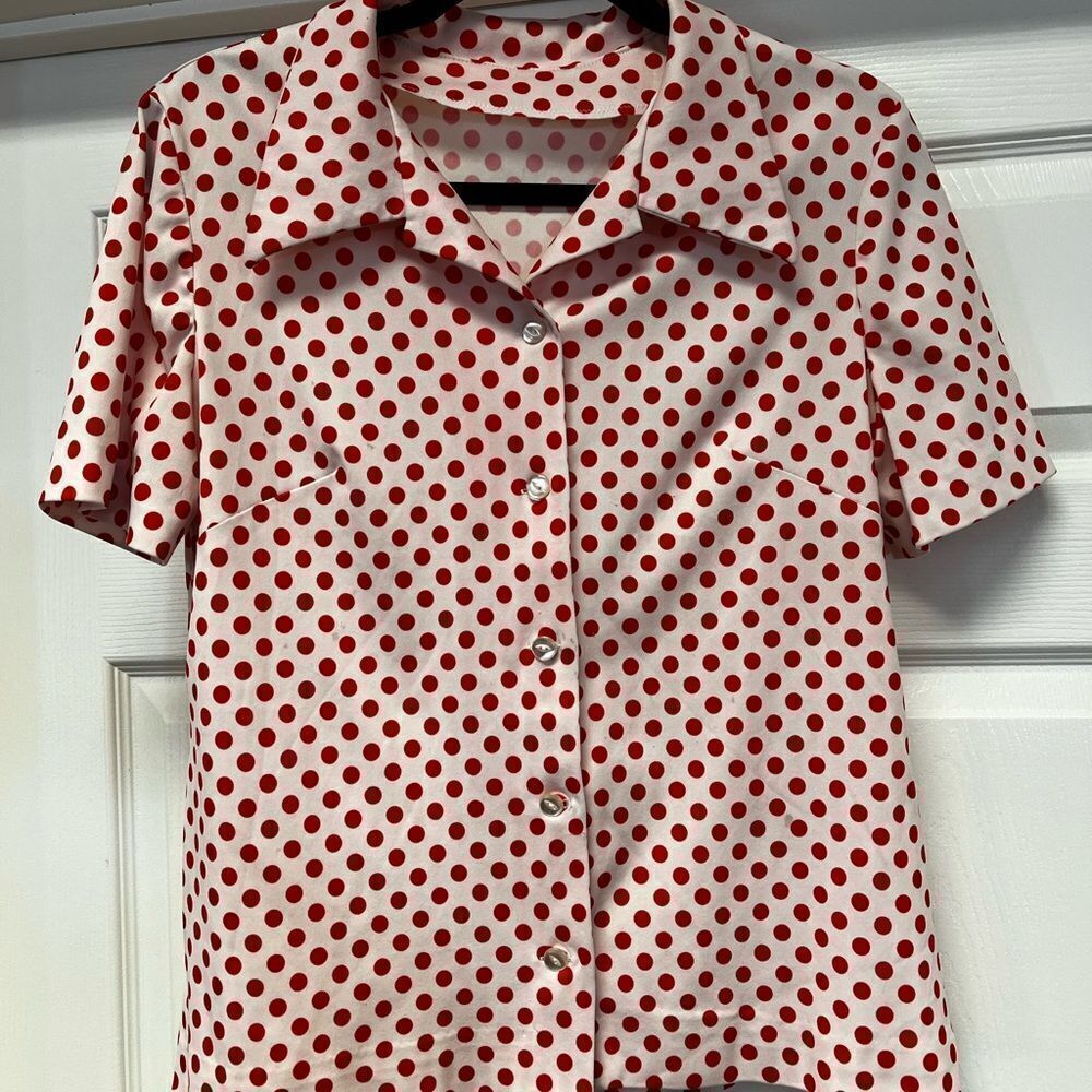 Vintage Pointy Collar Red Polka Dot Short Sleeve Button Down Shirt sz M